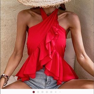 SHEIN Red Boho Ruffle Wrap Halter Top Size Large (8-10) NWT
